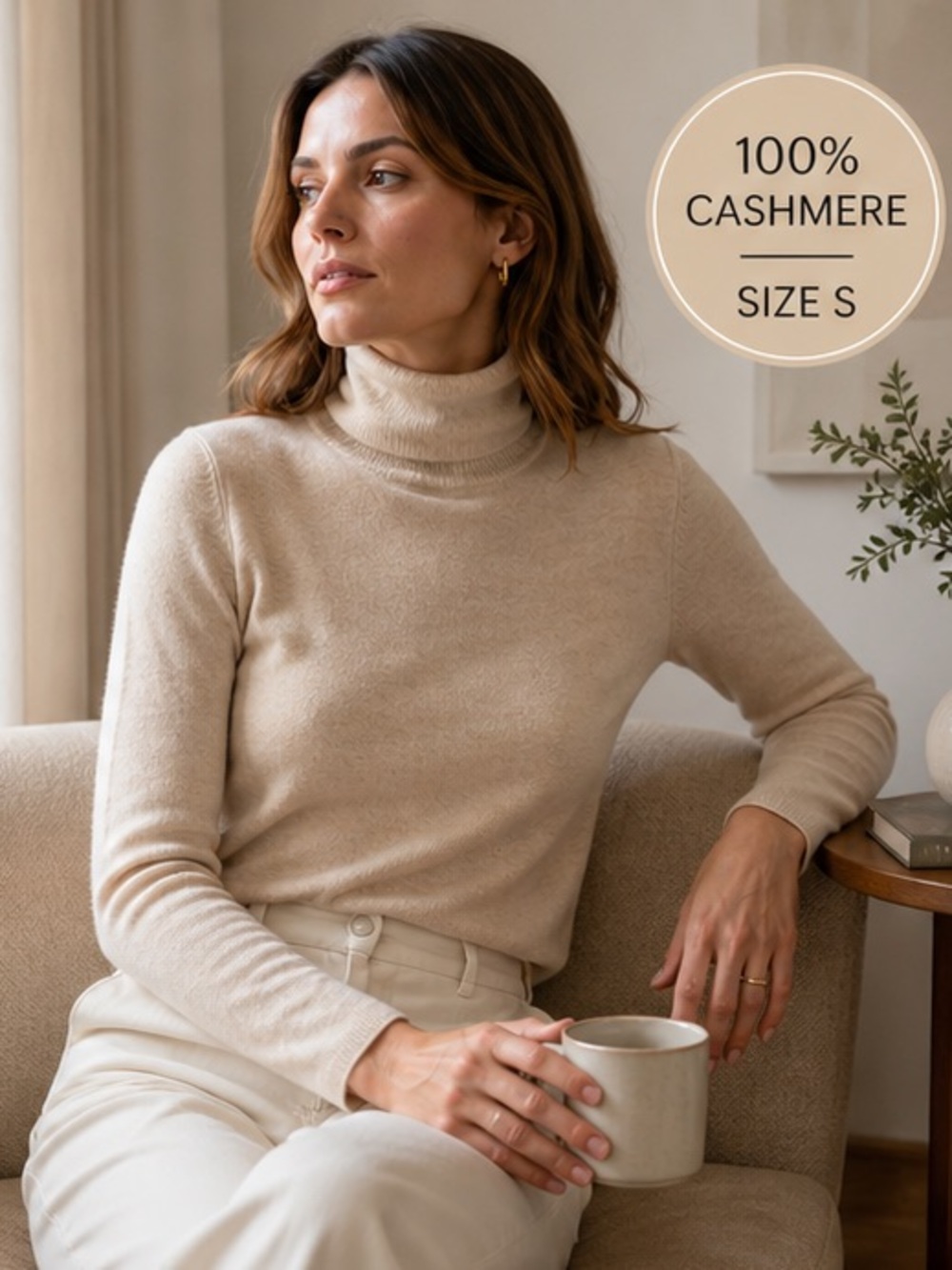 Magaschoni 100% Cashmere Turtleneck Sweater Neutral Quiet Luxury Minimalist Sz S